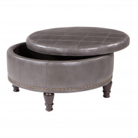OSP Home Furnishings BP-AUOT32-BD26 Augusta Round Storage Ottoman in Pewter Bonded Leather  with decorative nailheads